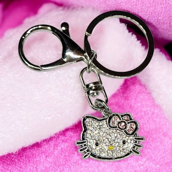 Hello Kitty Rhinestone Keychain Pink Bow Cat Face Charm Fandom Novelty Key Ring - Picture 6 of 8